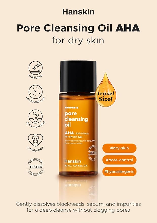 Hanskin Alpha Hydroxy Acid Pore Cleansing Oil, Sample Trial Mini Size, Exfoliating Makeup Remover Facial Cleanser Set, Moisturizing [30 ml/Pack of 3]