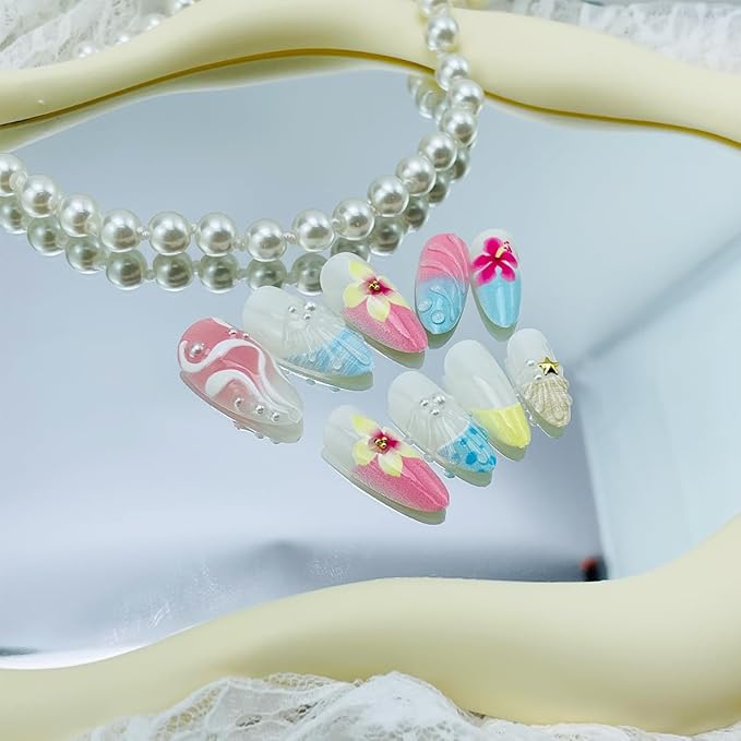 24Pcs Blue Flower Press on Nails Medium Almond False Nails Beach Summer Fake Nails with 3D Pearl Flower Designs Relief Ripple Artificial French Tips Glue on Nails Acrylic Stick on Nails for Women DIY
