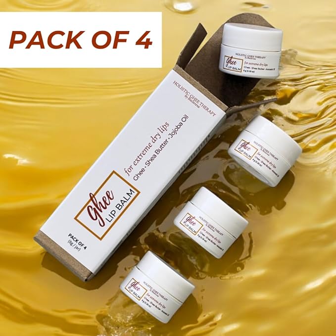 Natural Lip Balm For Very Dry Lips | Pack of 4 | Moisturizing Ghee, Shea Butter, Beeswax, Coconut Oil, & Jojoba Oil | Hydrating Lip Care For Chapped Lips, After Sun Care | Bioserene