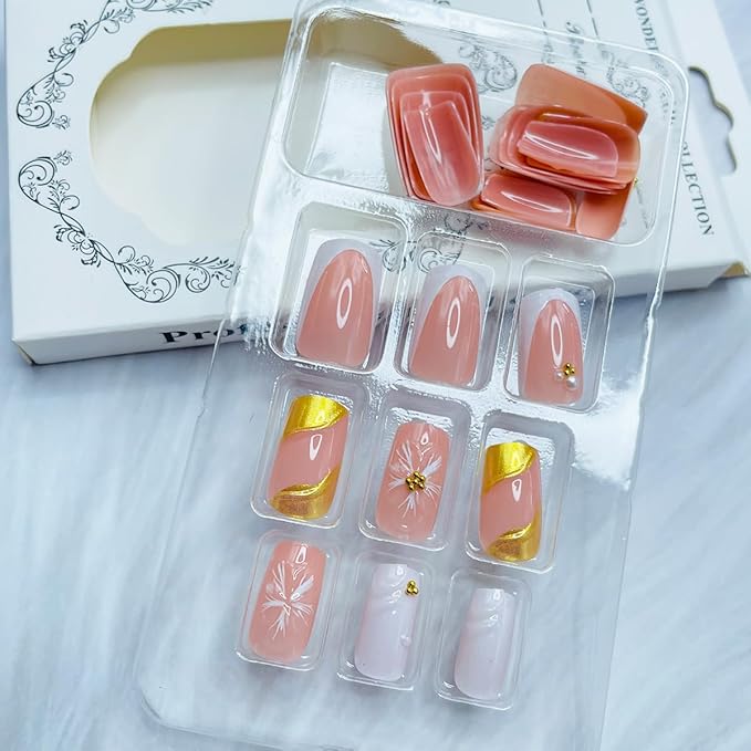 Gold Press on Nails White French Tip Fake Nails Medium Square False Nails with 3D Pearl Designs Embossed Flower Acrylic Nails Reusable Artificial Stick on Nails for Women Girls Manicure Salon 24Pcs