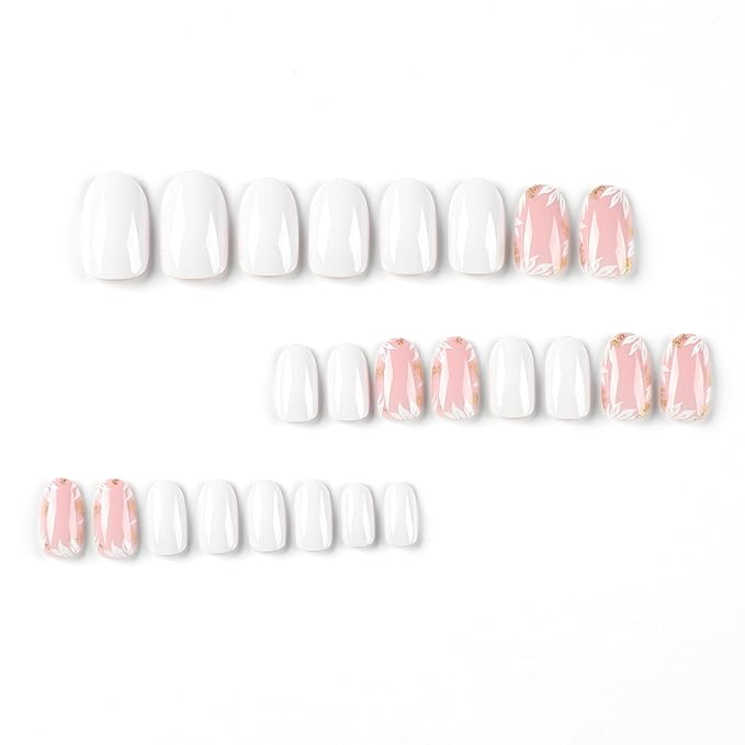 Almond Medium Oval Flower False Nails - Glossy Glue On Nails, Nude Full Cover Acrylic - 24 Pcs