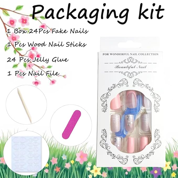 French Tip Press on Nails Medium Square Fake Nails Pink Glue on Nails with Star Lines Nail Art Decor Silver Star False Nails Reusable Artificial Acrylic Nails for Women Girls 24pcs