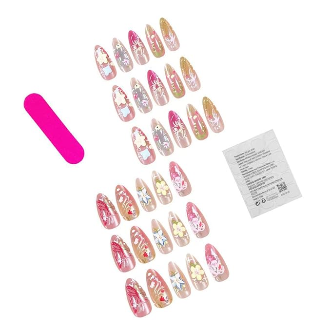 30Pcs Handmade Press on Nails Medium Almond Fake Nails 3D Flower False Nails with Pearl Rhinestones Design Summer Glue on Nails Cute Colorful Floral Acrylic Nails Full Cover Artificial Nails for Women