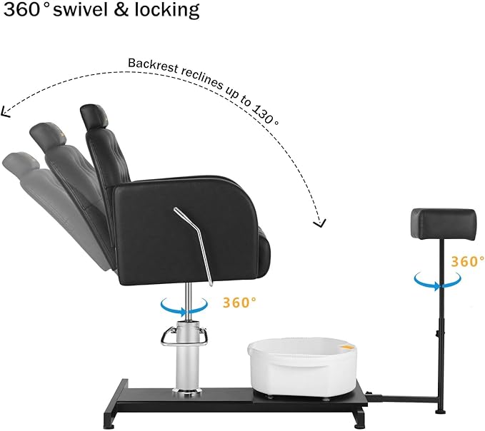 Reclining Pedicure Chair with Foot Massage Basin & Stool, Hydraulic Adjustable Pedicure Chair Station, 360° Rotation Beauty Spa Salon Unit Station Black
