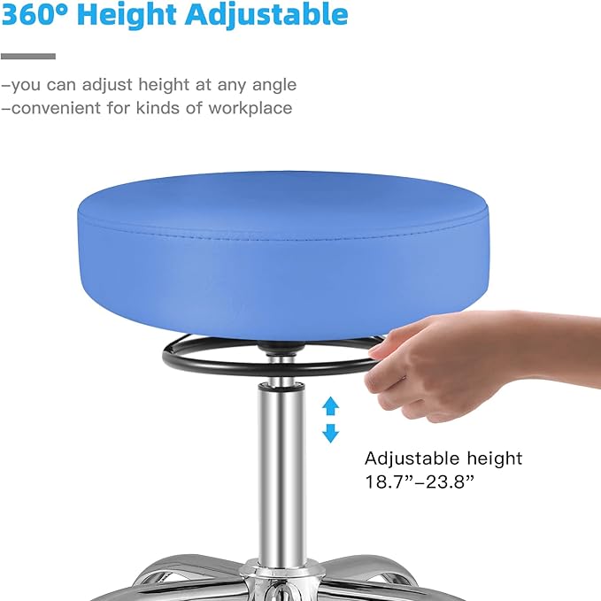 Rolling Stool with Wheels 400lbs Weight Capacity,Heavy Duty Lash Chair Adjustable for Tatoo Lab Massage Salon Spa Drafting Nail Teach,360 Swivel,Leather,Thick Seat Padding (Blue)