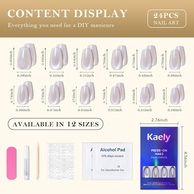 evpct Pearl White Nude Cat Eye Coffin Press on Nails Square Medium, Glue on Nail Medium Square for Women Gift, Pearl Metallic Glitter Glossy Reusable Soft Gel Press on Acrylic Fake Nail with Designs