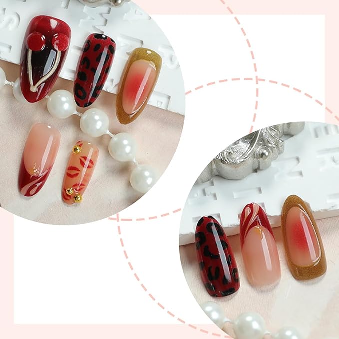 24Pcs Gold French Tip Press on Nails Medium Almond Fake Nails 3D Cherry Star with Rhinestones Glitter Design Full Cover Stick on Nails Red Gradient False Nails for Women Girls Artificial Acrylic Nails