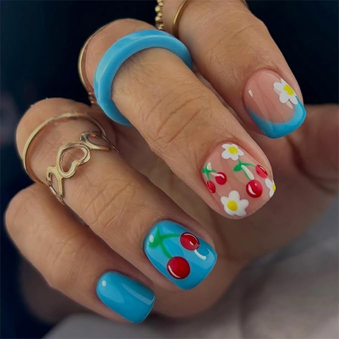 Cherry Press on Nails Short Square Fake Nails Flower False Nail Floral Glossy Full Cover Acrylic Nail Blue Glue on Nails Artificial Cute Stick on Nail for Women Manicure 24Pcs