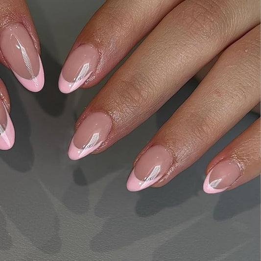 30Pcs Pink French Tip Press on Nails Short Almond Nails Press ons, Short Fake Nails Almond Shaped Acrylic French Glue on Nails False Nail for Women, Natural Stiletto Nail 15 Sizes