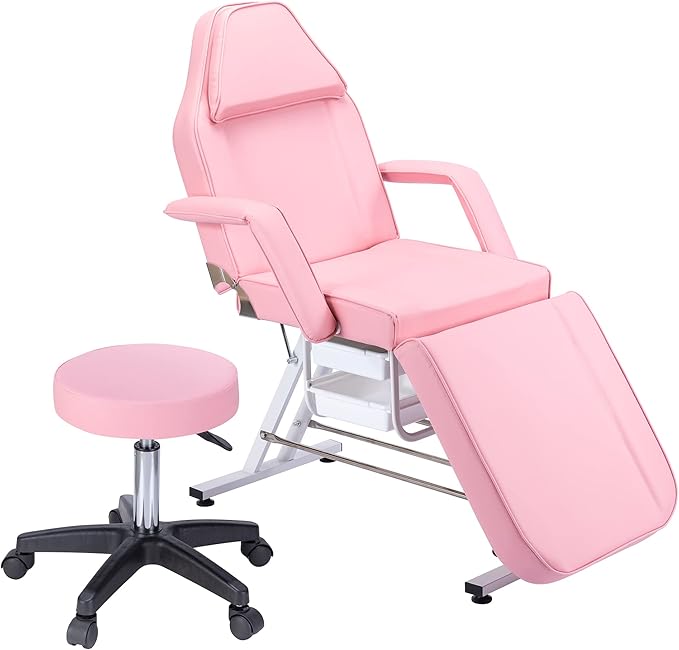 Tattoo Chair Facial Bed with Two Trays Esthetician Bed Adjustable Folding Salon Bed with Hydraulic Stool Massage Bed for Professional Massage Facial Lash Beauty Treatment Spa,Pink