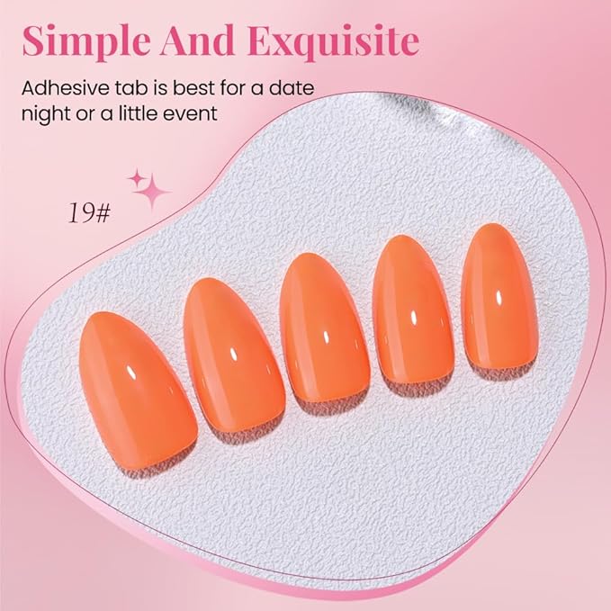 evpct Glossy Press on Nails Short Almond Short for Women, Orange Fake Nail with Glue Salon Quality Reusable Stick on Nails In 15 Sizes 30Pcs Full Cover False Nail Soft Gel Set Kit for Gift, 19