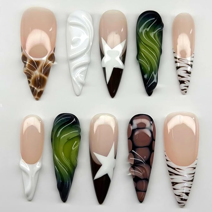 3D Press on Nails Animal Print French Tips Fake Nails Zebra Crocodile Tortoiseshell Patterns False Nails Long Stiletto Full Cover Artificial Glue on Nails Star Stick on Nail for Women 24Pcs