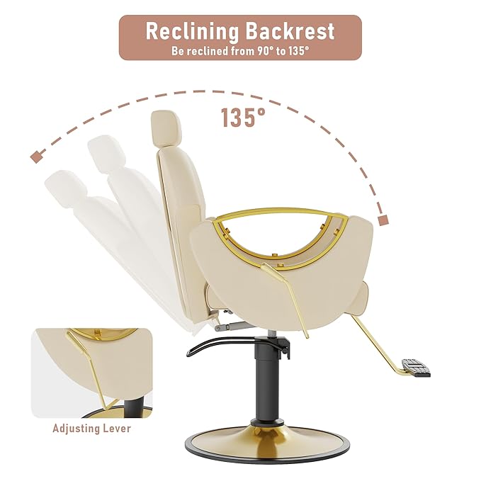 Barber Chair, Salon Chair for Hair Stylist, Height Adjustable Hydraulic Hair Reclining Salon Chairs, 360 Degrees Rotation, Multi-Function Shampoo Chair for Barbershop (Beige)