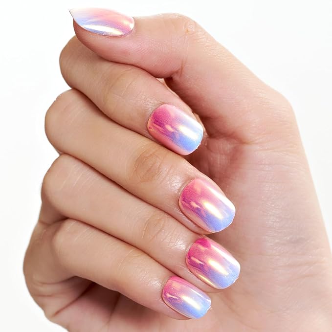 GLAMERMAID Extra Short Press on Nails 24PCS, Pink Blue Chrome Fall Gel Glue on Nails, Glossy Round Reusable UV Finish Fake Nails Acrylic False Nails Manicure Kits for Women