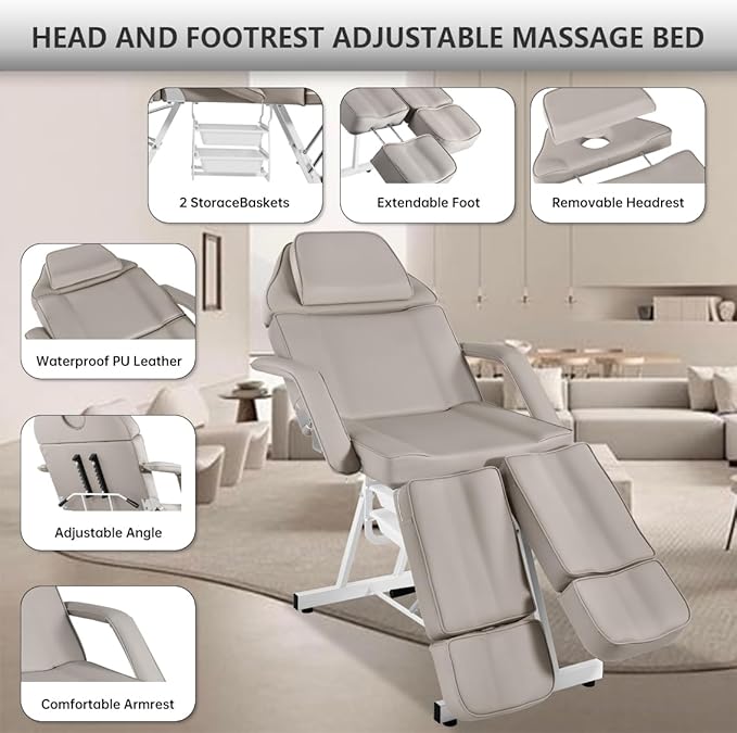 Tattoo Chair with Stool, Facial Bed Adjustable Legs Foldable Facial Chair Spa Bed for Client for Beauty Capacity 330lbs Gray