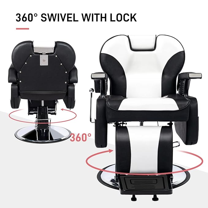 OmySalon All Purpose Hydraulic Barber Chair Recline 360 Degree Swivel Height Adjustable Heavy Duty Hairdresser Chair Beauty Salon Spa Tattoo Styling Barbershop Equipment Black & White