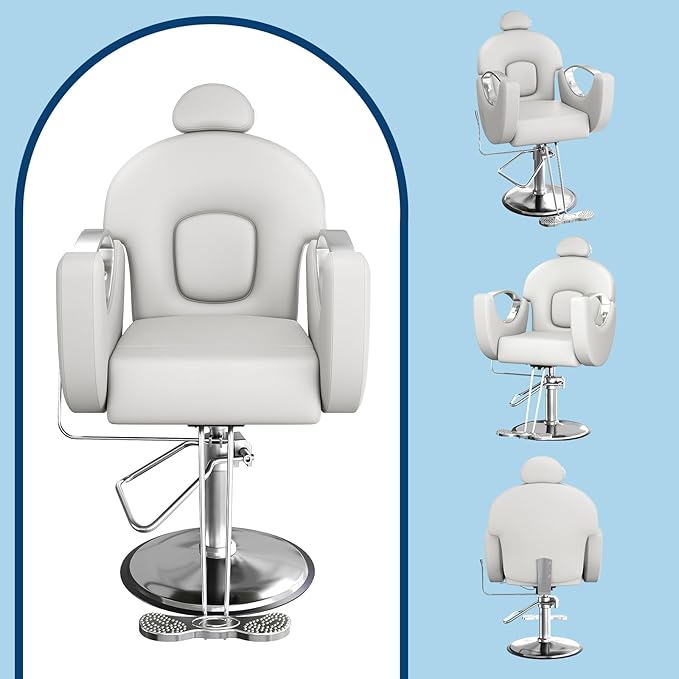 360°Swivel Barber Chair, Reclining Barber Salon Chair with Heavy Duty Hydraulic Pump for Spa Shampoo Hair Stylist Barbershop Home, Grey & Silver