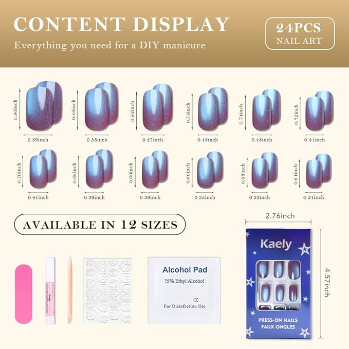 Aqua Blue Reflective Cat Eye Press on Nails Medium Square, Medium Square Press Glue on Nails Chrome for Women, Blue Holographic Glitter Glossy Reusable Gel Acrylic Fake Nail with Designs Cateye Effect