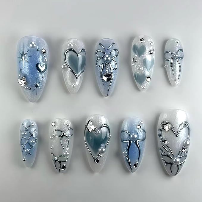 24pcs Dark Blue Press on Nails Medium Almond Fake Nails Press on With Hand Drawn Metal Lines Design Full Cover False Y2k Glitter Press On Sparkling Heart Bow Pearl Full Cover Stick on Nails for Women