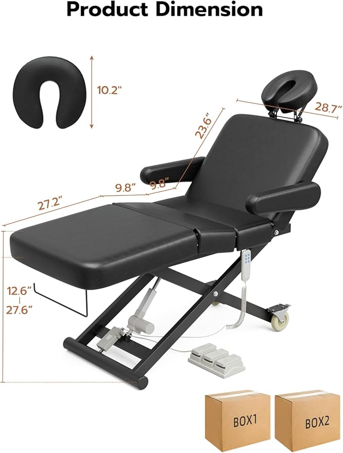 Paddie 3 Motor Fully Electric Lash Bed with Face Cradle & Foot Pedal, 550lbs Electric Lift Massage Table with Independent Leg Adjustment & Rolling Wheels, Dental/Exam/Treatment/Spa/Tattoo, Black