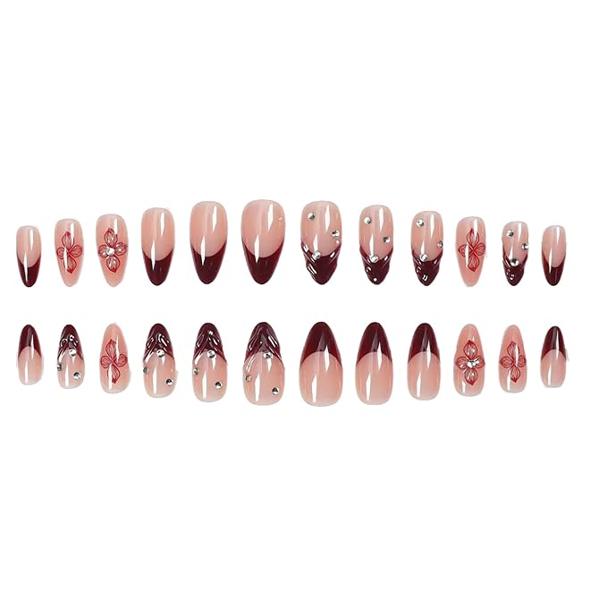 24Pcs Red French Tip Press on Nails Almond Medium Fake Nails 3D Flowers Cute False Nails with Designs Acrylic Nails Floral Rhinestone Stick on Nail Autumn Winter False Nails Artificial Nail for Women