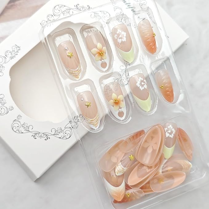 24Pcs Yellow French Tip Press on Nails Almond Medium Summer Fake Nails 3D Flower with Gold Starfish Glitter Designs Full Cover Beach False Nails Ocean Theme Stick on Nails for Women Manicure Salon