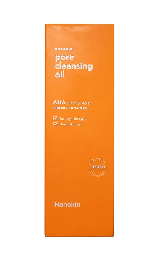 Hanskin AHA Pore Cleansing Oil for Dry Skin, Exfoliating, Waterproof Makeup Sebum Remover Facial Oil Cleanser for Face, Moisturizing for Soft Skin, Korean Skincare [AHA/10.14 oz.]