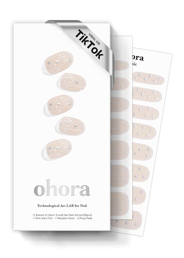 ohora Semi Cured Gel Nail Strips (N Milky Star) - Works with Any Nail Lamps, Salon-Quality, Long Lasting, Easy to Apply & Remove - Includes 2 Prep Pads, Nail File & Wooden Stick