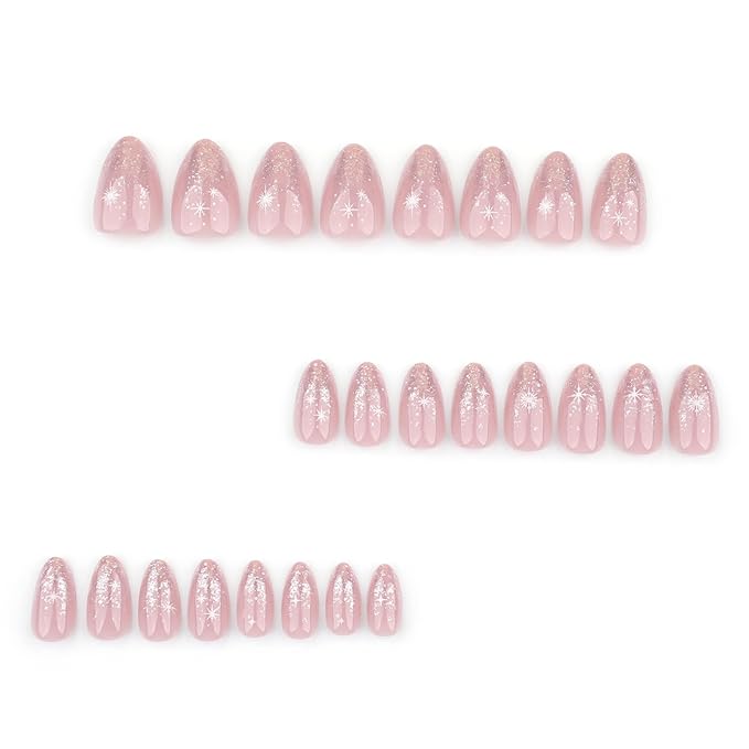 Pink Press on Nails Short Almond, French Fake Nails with Sparkly Silver French Tips and snowflake Designs, Glossy Gel Finish Acrylic Nails, Thick Reusable Glue on Nails Kit for Women, 24Pcs
