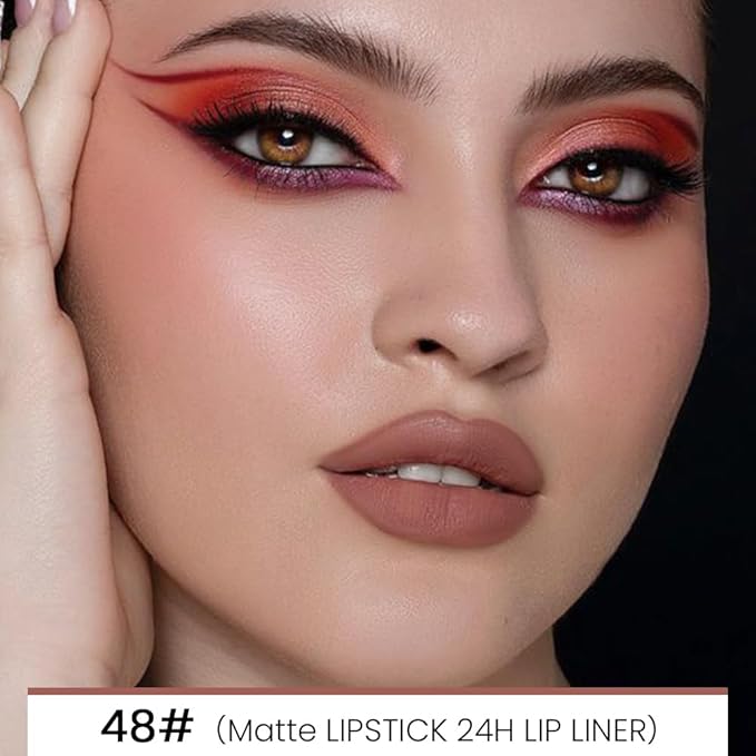Kaely 2-in-1 Nude Brown Beige Velvet Matte Lip Liner & Lipstick Combo Set Kit for Women, Magic 24 Hours Lipstick and Lip Liner Makeup Set Stain Long Lasting Waterproof labial 48