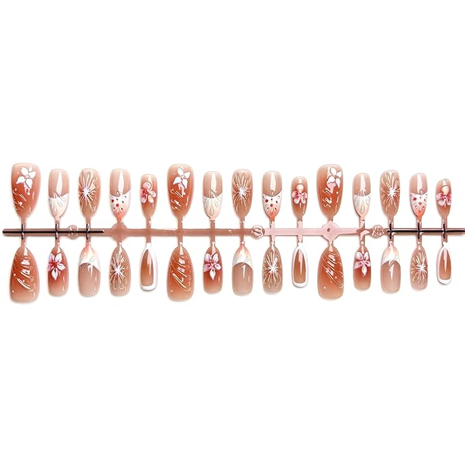 30Pcs Flower Press on Nails Medium Almond Fake Nails with 3D Ice Flower Shell Design Brown Ombre Spring Summer Floral False Nails White French Tip Acrylic Glossy Stick on Nails for Women