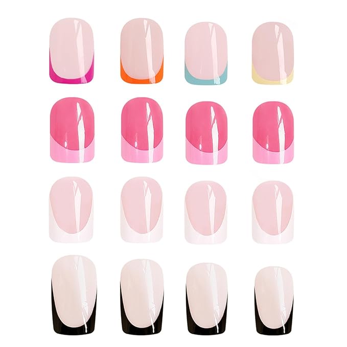 4 Packs 96Pcs French Tip Press on Nails Short Square Fake Nails French Design Glossy Acrylic False Nails Full Cover, Glue Stick On Nails for Women's Manicure & Nail Art Set