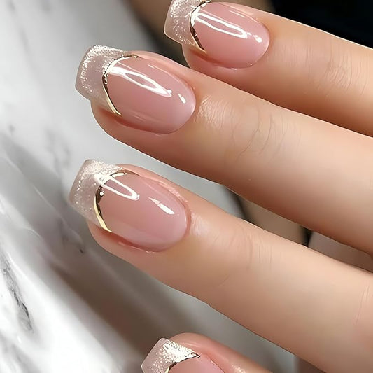 Gold French Tip Press on Nails Medium Fake Nails Bling Acrylic Glue on Nails Gradient Pink False Nail Tips Exquisite Design Stick on Nails Medium Square Artificial Nails for Women Finger Manicure