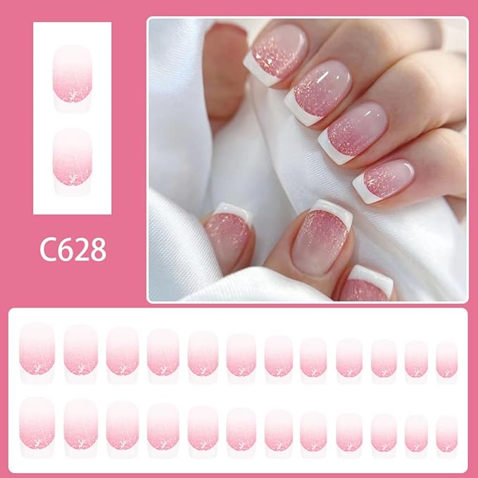 French Tip Press on Nails Short Square Fake Nails with Designs Shiny Glitter False Nails Pink Gradient Glossy Full Cover Ombre Acrylic Glue on Nails Bling Artificial Stick on Nails for Women 24 Pcs