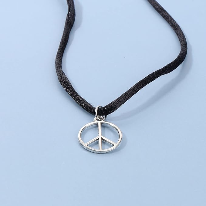 Boho Peace Choker Necklace Black Cord Circle Necklace Short Round Necklace Vegan Necklace Chain Jewelry for Women and Girls