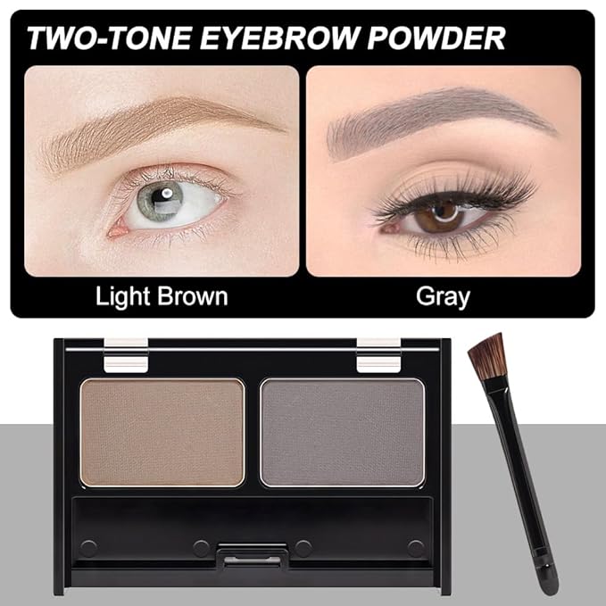 Eye Brow Powder for Women, Medium Brown Eyebrow Powder Kit with Double-ended Eyebrow Brush, Long-Lasting Waterproof Two Colors, Purse-Friendly Compact, Cruelty Free (Light Brown+Grey)