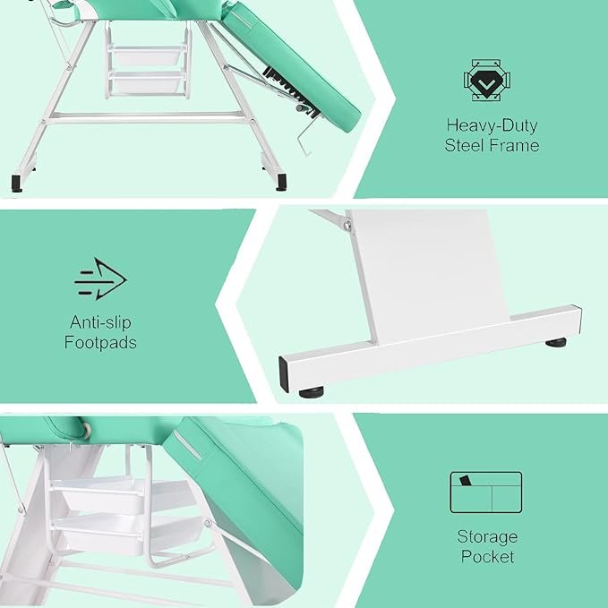 Massage Spa Bed Facial Chair Table Tattoo Chair 73in 3-Section Multipurpose Massage Bed Professional Facial Chair Tattoo Table Beauty Spa Salon Equipment Light Green