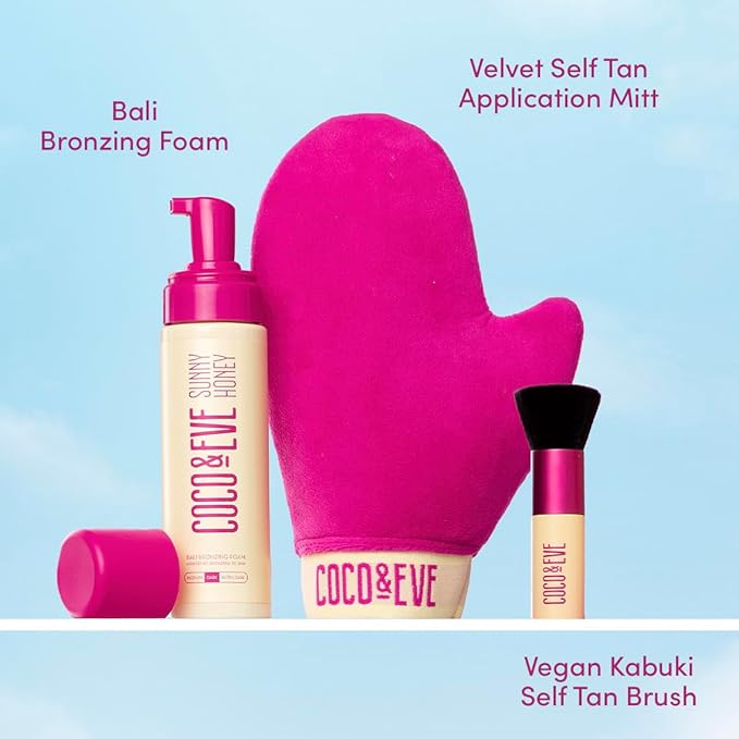 Coco & Eve Sunny Honey Bali Bronzing Bundle (Ultra Dark). All Natural Sunless Tanning Mousse. Instant Self Tanning Lotion with Bronzer, Mitt Applicator and Kabuki Brush.