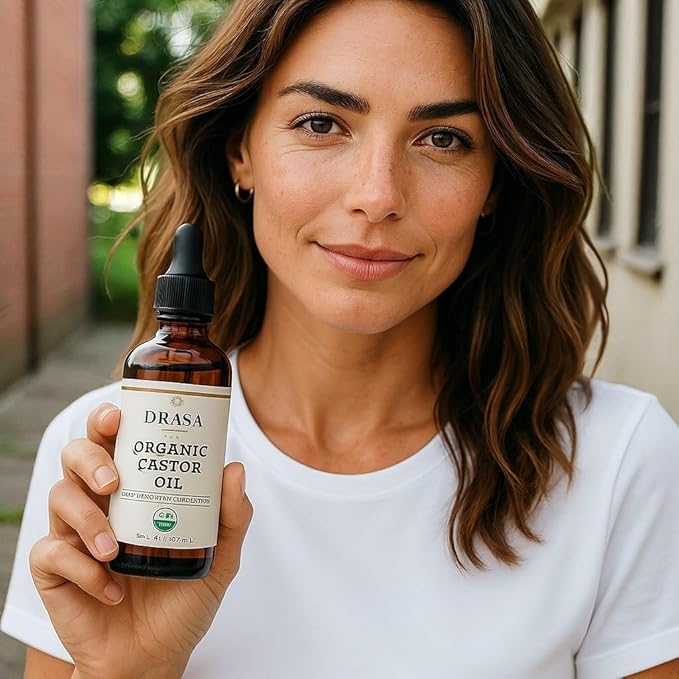 Organic Castor Oil– 100% Pure, Extra Virgin (2oz Glass Bottle), Cold-Pressed, Hexane-Free, Promotes Growth of Hair, Eyebrows & Eyelashes, For Castor Oil Packs, With Free Eyebrow Brush