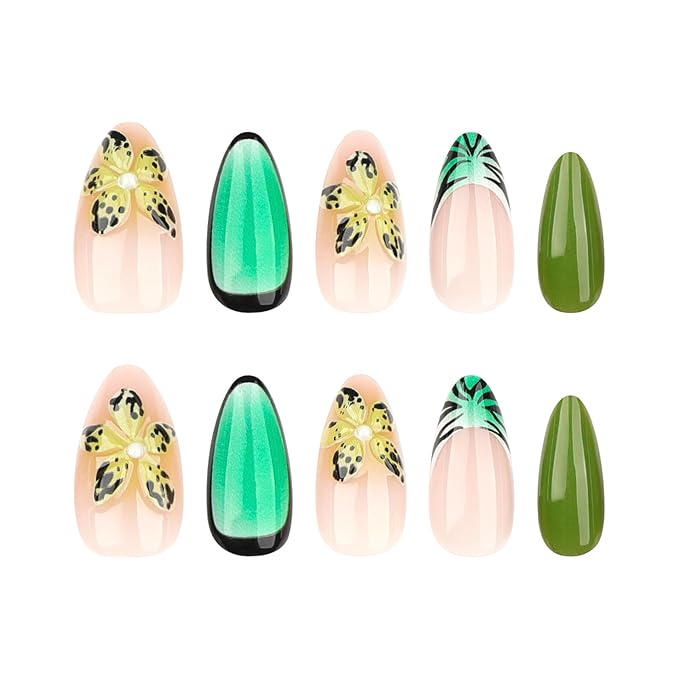 3D Flower Press on Nails Green French Tips Fake Nails Medium Almond False Nails Tropical Flowers Ombre Stick on Nails 3D Yellow Flowers Floral Design False Nails Glue on Nails for Women Girls 24Pcs