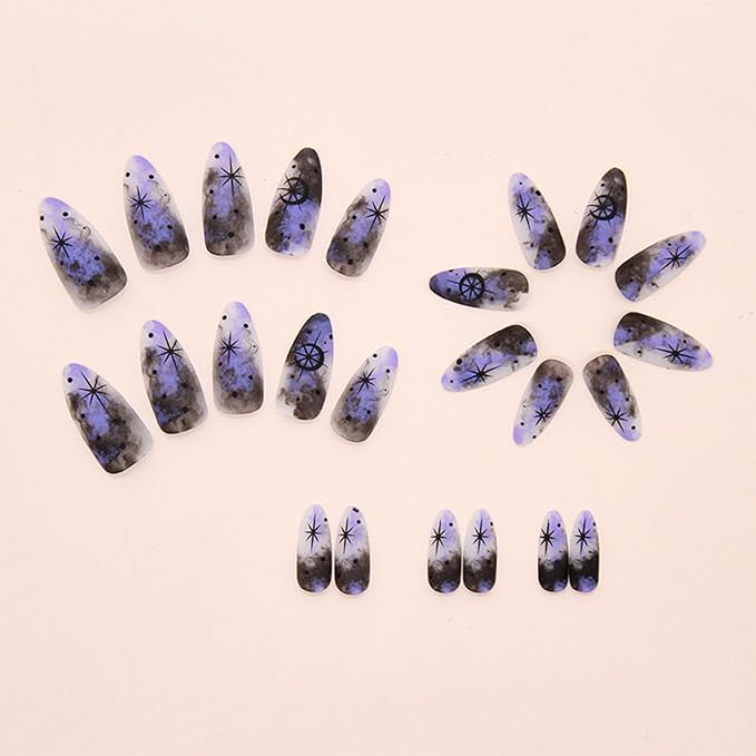 IMRAIN Purple Black Ombre Press on Nails Medium Almond Fake Nails Matte Glue on Nails Full Cover Acrylic False Nails with Black Moon & Star Designs Y2K Stick on Nails for Women 24Pcs