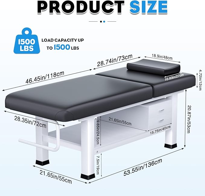 Massage Table with Towel Rack and Storage, 1500lbs Weight Capacity Iron Base Massage Bed Adjustable Backrest for Professional & Home Use, Spa Treatment Table for Relaxation and Therapy, Black