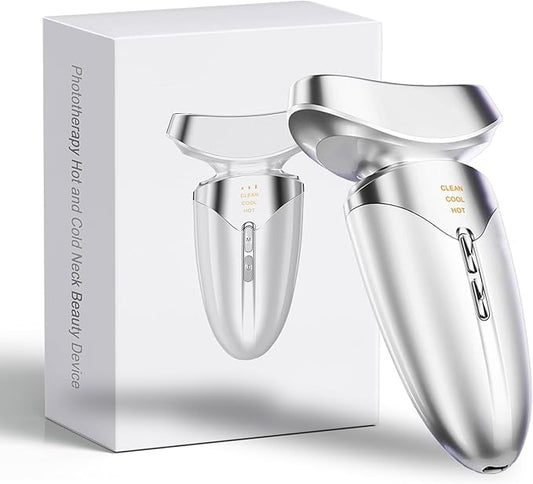 Red Light Beauty Device for Face and Neck, Based on High-end Red and Blue LED Light, Facial Cold and Hot, Vibration Technology, 3 Color Led Face and Neck Beauty Device for Home Use, Pearly White