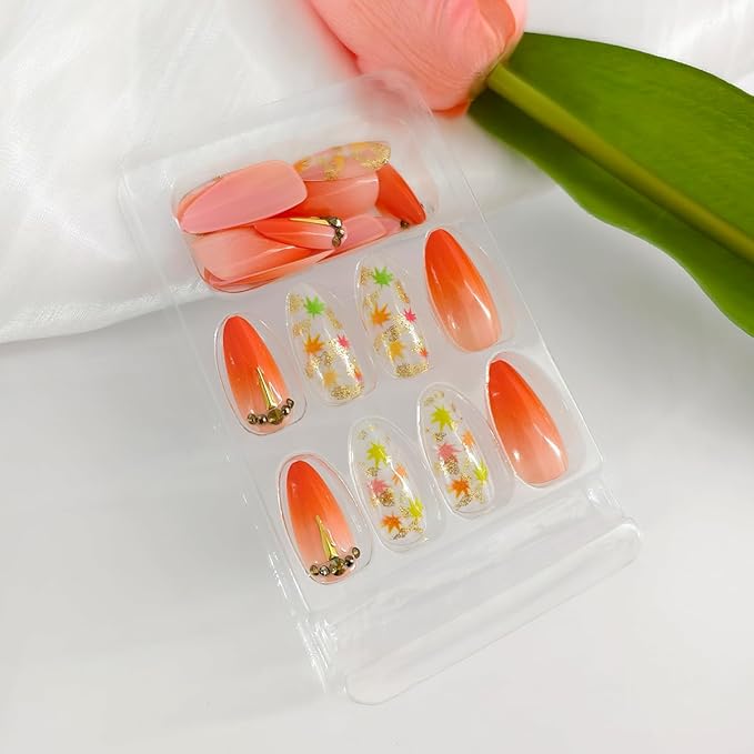 24Pcs Maple Leaf Press on Nails Almond Medium Fake Nails Fall False Nails with Maple Leaves Designs Gradient French Glue on Nails Full Cover Artificial Nails for Women Autumn Nail Art Decoration
