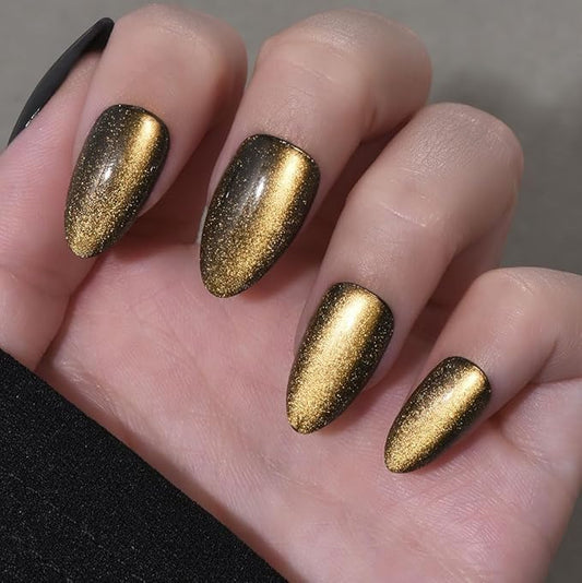 evpct Cat Eye Gold Press on Nails Almond Short, Gold Metal Short Almond Soft Gel Press on Nails with Nail Glue, Fit Perfectly, 30Pcs Reusable Acrylic Fake Press-on Nail Polish Kit for Women Gift