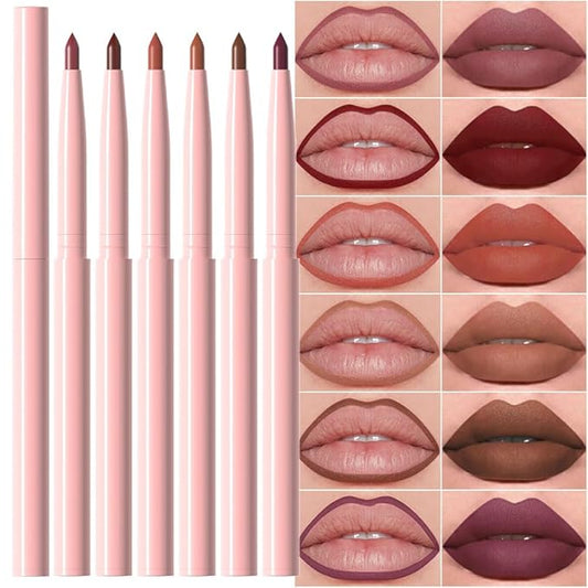 6 Pcs Retractable Natural Nude Beige Colors Lip Liner Lipstick Pencils Set for Shaping & Sculpting Lips,Mauve Maroon Dark Red Orange Chocolate Plum Creamy Matte Velvet Pigmented Crayon
