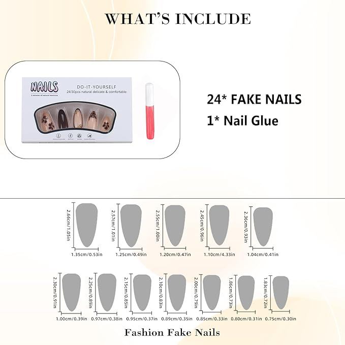 IMRAIN Medium Press on Nails Almond Fake Nails Brown French Tip False Nails with Flower Design Glue on Nails Full Cover Stick on Nails Artificial Acrylic Nails for Women Manicure 24Pcs
