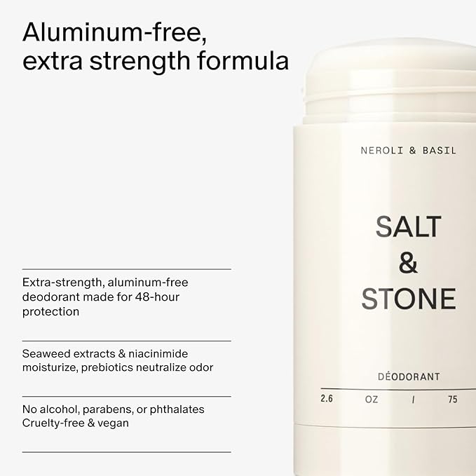 SALT & STONE Aluminum Free Deodorant | Extra Strength 48 Hour Protection for Women & Men | Made with Seaweed Extracts, Shea Butter & Prebiotics (Neroli & Basil)