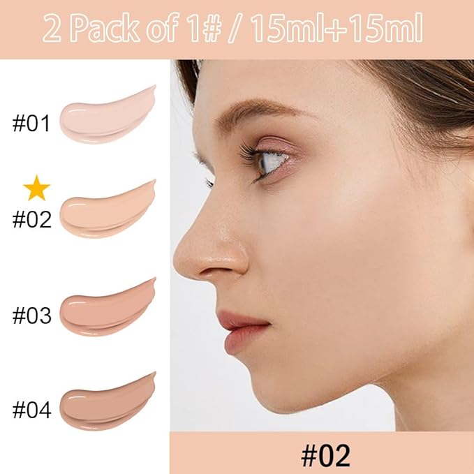 2 Pack Liquid Foundation Cream with Foundation Brush for Face Makeup,Durable Full Coverage Matte Concealer Make Up,Oil Control & Waterproof Base Primer -1 Fl.Oz (#02)