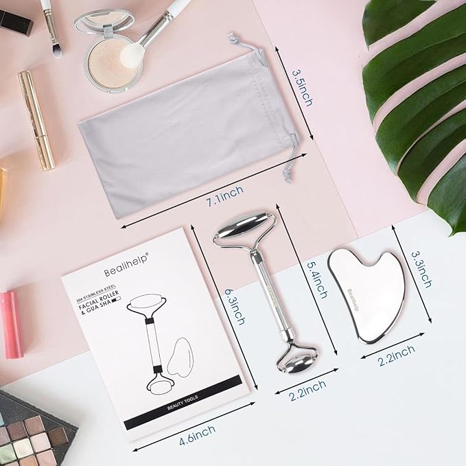 Face Roller & Gua Sha, Stainless Steel Facial Roller and Gua Sha Tool for Face, Skin Care, Anti-Aging, and Lifting